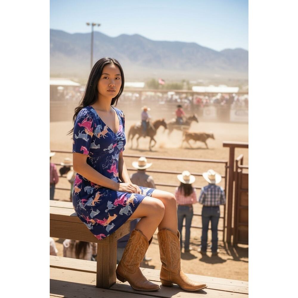 Neon Horses Stampede Mini Dress Babydoll Retro Mod Cloth SM Rodeo Equestrian